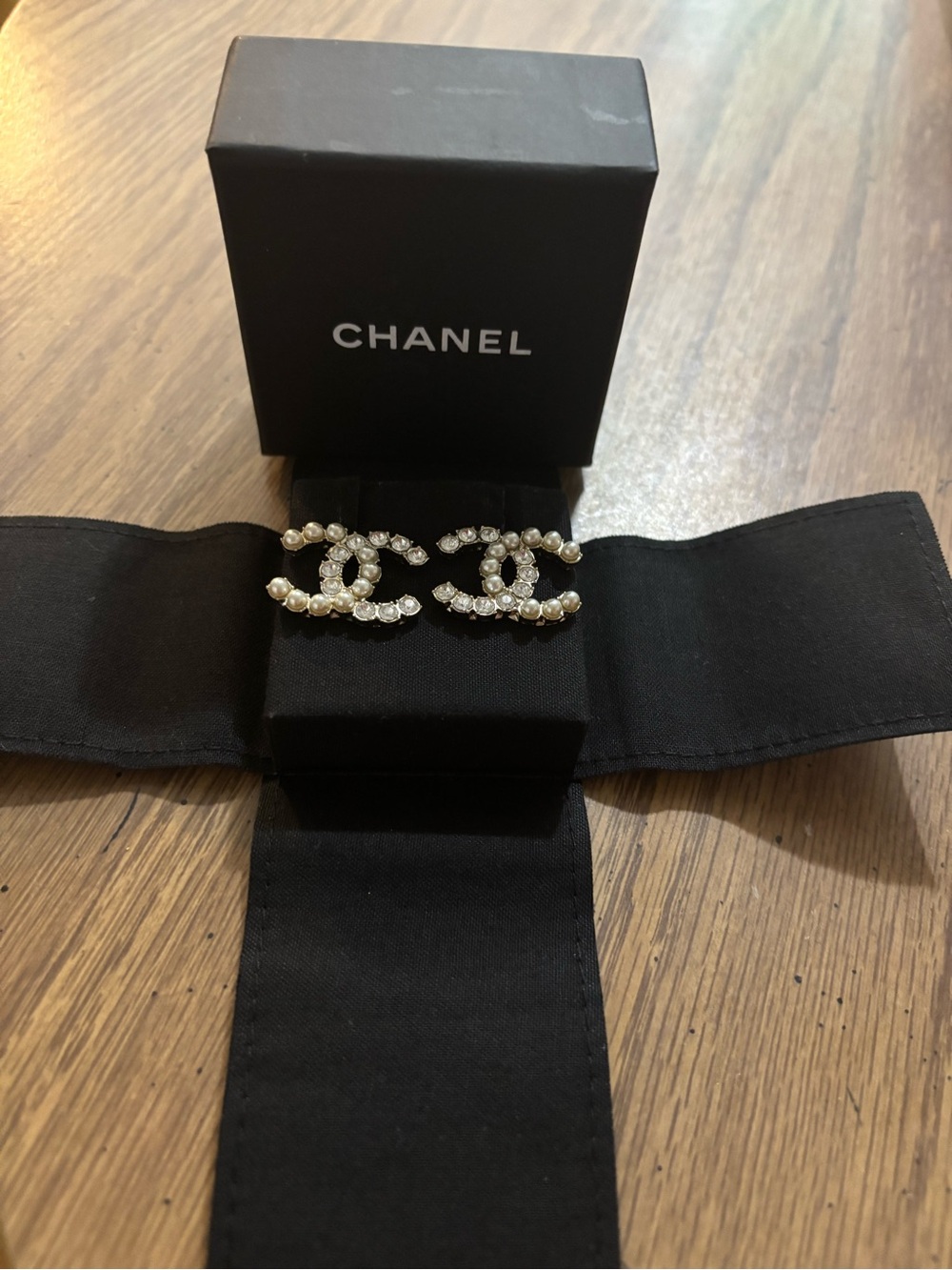 CHANEL Gold-Tone Double C Logo Pearl & Crystal Earrings - Picture 2 of 2